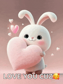 a bunny is holding a pink heart with the words love you cuz below it