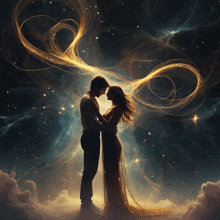 a man and a woman are standing next to each other in front of a starry background