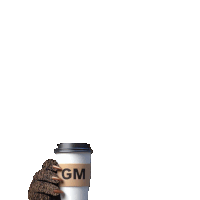 a coffee cup with a gm sticker on it