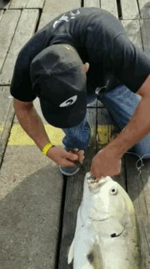 a man wearing a black hat with the word o'neill on it is kneeling down next to a large fish