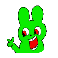 a green cartoon bunny with red eyes is giving a peace sign .