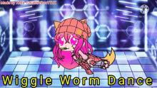 a cartoon of a girl with pink hair and the words wiggle worm dance on the bottom