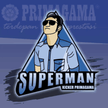 a logo for superman kicker primagama with a man in sunglasses