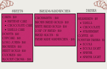 a menu for sweets breads and drinks with a picture of a croissant on top