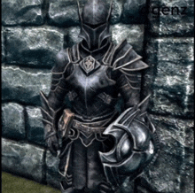 a knight in armor is standing in front of a stone wall and the word genz is on the bottom