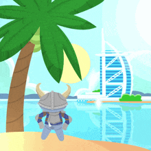 a cartoon of a viking standing on a beach with a palm tree