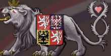 a lion with the coat of arms of czech republic on its back