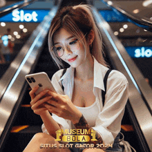 a woman sitting on an escalator looking at her phone with the words museum bola on the bottom