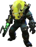 a futuristic robot with a yellow helmet and a green weapon
