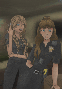 two female police officers are posing for a picture and one has a badge that says ' sdc '