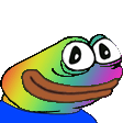 a cartoon frog with a rainbow face and a blue shirt is smiling .