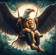 an eagle holding a lion on a swing