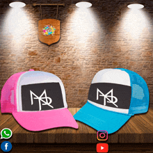 a pink and blue trucker hat with the letter mr on it