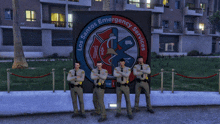 four police officers stand in front of a los santos emergency services sign