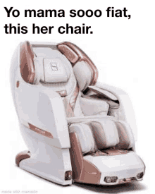 a white and pink massage chair with the words `` yo mama sooo fiat , this her chair '' on it .