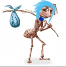 a cartoon ant with blue hair is carrying a bag and a stick