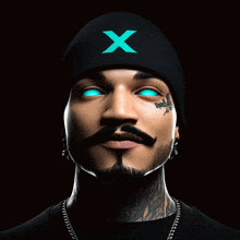 a man with a tattoo on his face wears a black beanie with a blue x on it