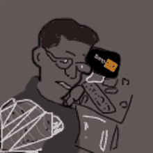 a drawing of a man looking at pornhub on his computer screen