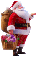 a santa claus holding a basket of flowers with kanzio liz written on his belt