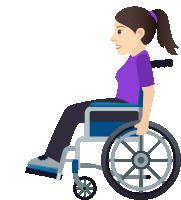 a woman in a purple shirt sits in a blue wheelchair