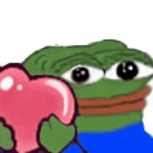 a green frog is holding a pink heart .