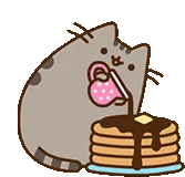 a cartoon cat is pouring chocolate syrup over a stack of pancakes .