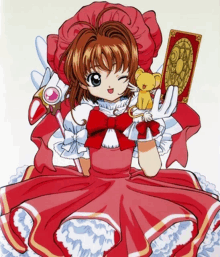 a cartoon girl in a red dress holding a card and a teddy bear