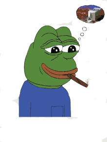 a cartoon frog smoking a cigar with a thought bubble above it