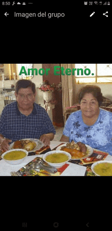 a man and woman are sitting at a table with plates of food and the words amor eterno on the bottom