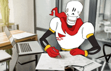 a cartoon drawing of papyrus sitting at a desk with papers and a laptop