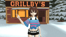 a girl giving a peace sign in front of a grillby 's