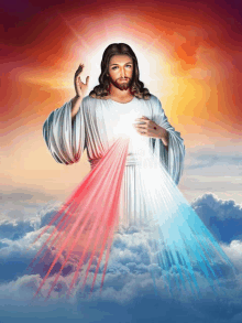 a painting of jesus in the clouds with red and blue light coming out of his chest