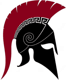 a spartan helmet with a red crest and greek key design