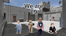 a group of little boys are standing in front of a building with the words we are l9 written above them