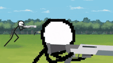 a stick figure is holding a gun in a pixelated scene