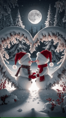 two snowmen are kissing under a full moon