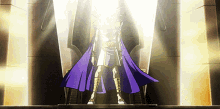 a person in a purple cape is standing in front of a pillar