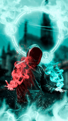 a man in a hooded sweatshirt is surrounded by red and blue smoke and a circle with the letter e on it