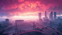 an aerial view of a city at sunset with a purple sky and a highway .