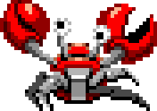 a pixel art of a crab with red claws and a black eye