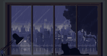 a pixel art of a cat looking out a window at the city at night