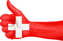 a hand with the flag of switzerland painted on it giving a thumbs up