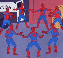 a group of spider-men are standing in a circle pointing at each other