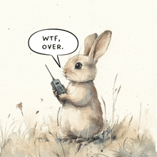 a rabbit holding a cell phone with a speech bubble that says " wtf over "