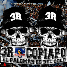 two skulls wearing black hats with the number 3r on them