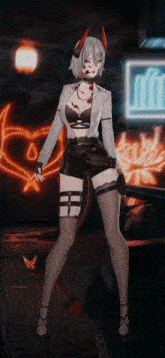 a girl with horns and a devil tail is standing in front of a neon sign