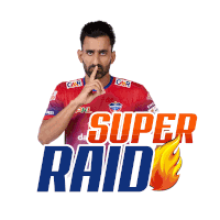 a man wearing a red shirt with the words super raid on it