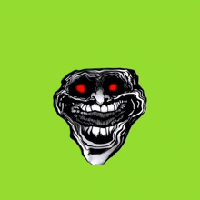 a drawing of a troll face with red eyes against a green background