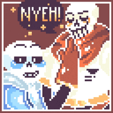 a pixel art drawing of a skeleton and a ghost with the words nyeh written above them