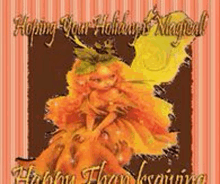 a fairy is sitting on a pumpkin on a striped background on a christmas card .